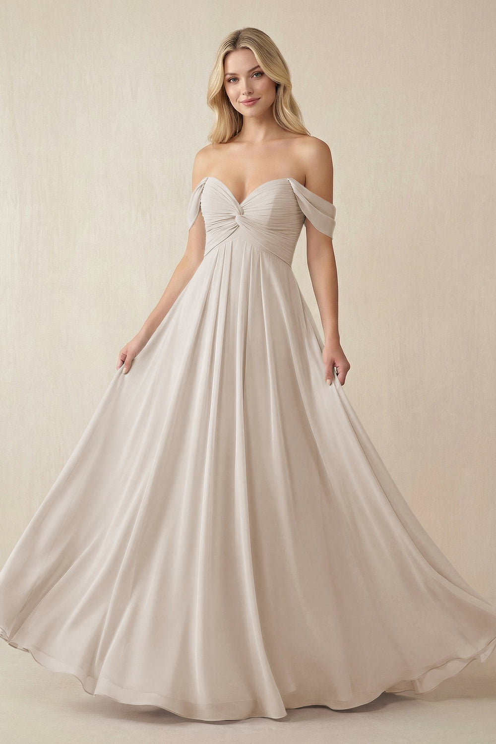 Off - the - Shoulder Chiffon A - Line Long Bridesmaid Dress in Frost - SHE IS ME Bridesmaid Dresses
