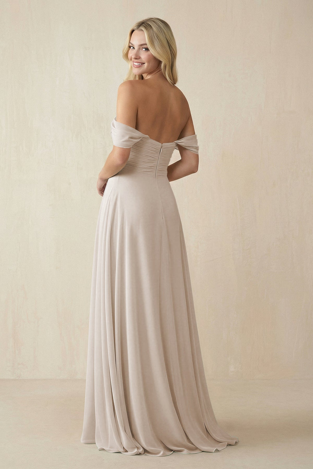 Off - the - Shoulder Chiffon A - Line Long Bridesmaid Dress in Frost - SHE IS ME Bridesmaid Dresses