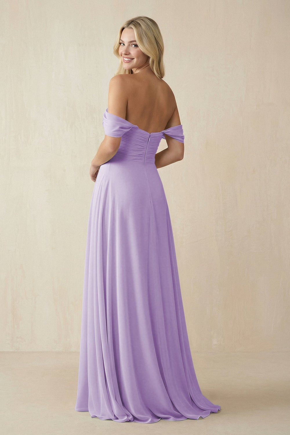 Off - the - Shoulder Chiffon A - Line Long Bridesmaid Dress in Lavender - SHE IS ME Bridesmaid Dresses