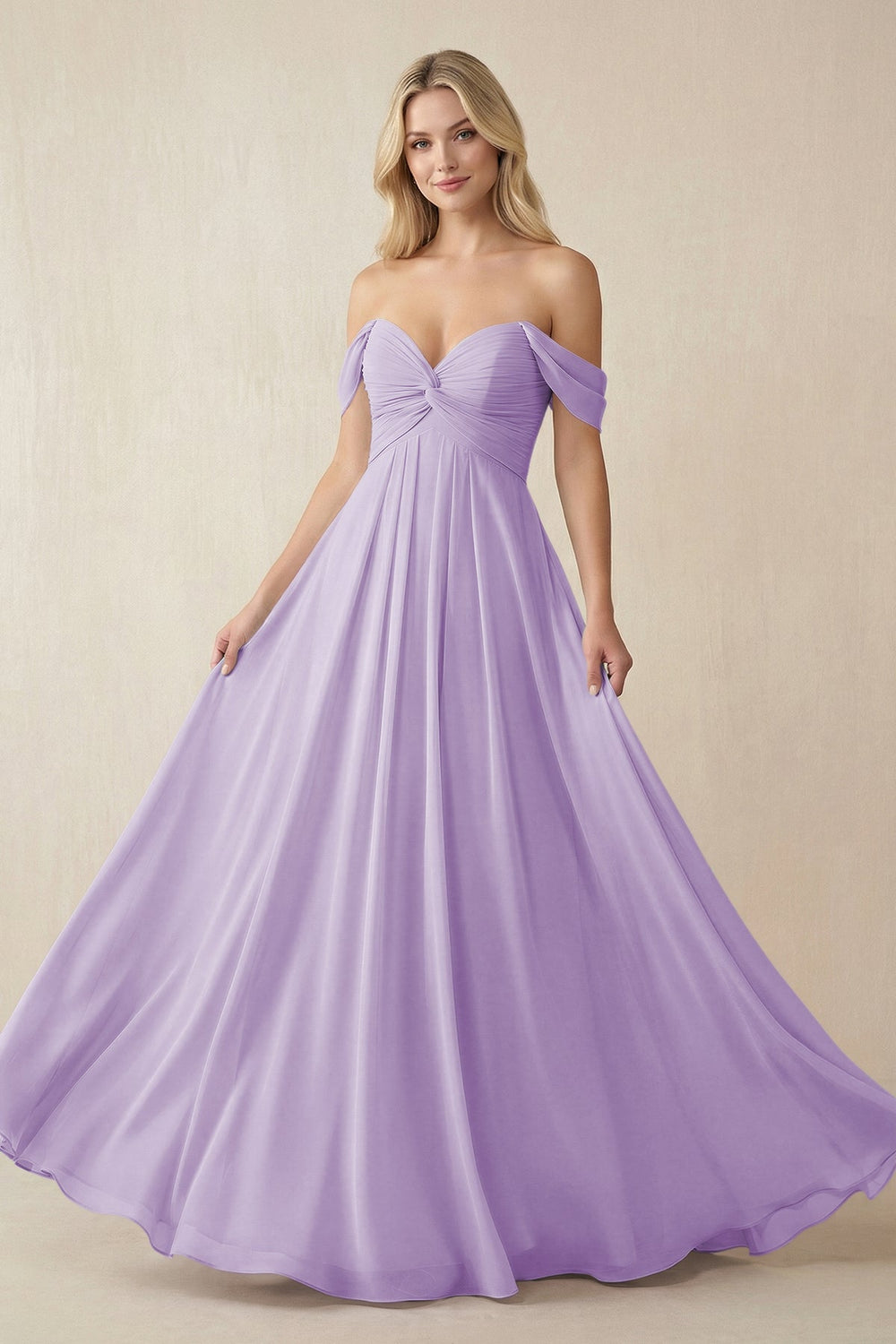 Off - the - Shoulder Chiffon A - Line Long Bridesmaid Dress in Lavender - SHE IS ME Bridesmaid Dresses