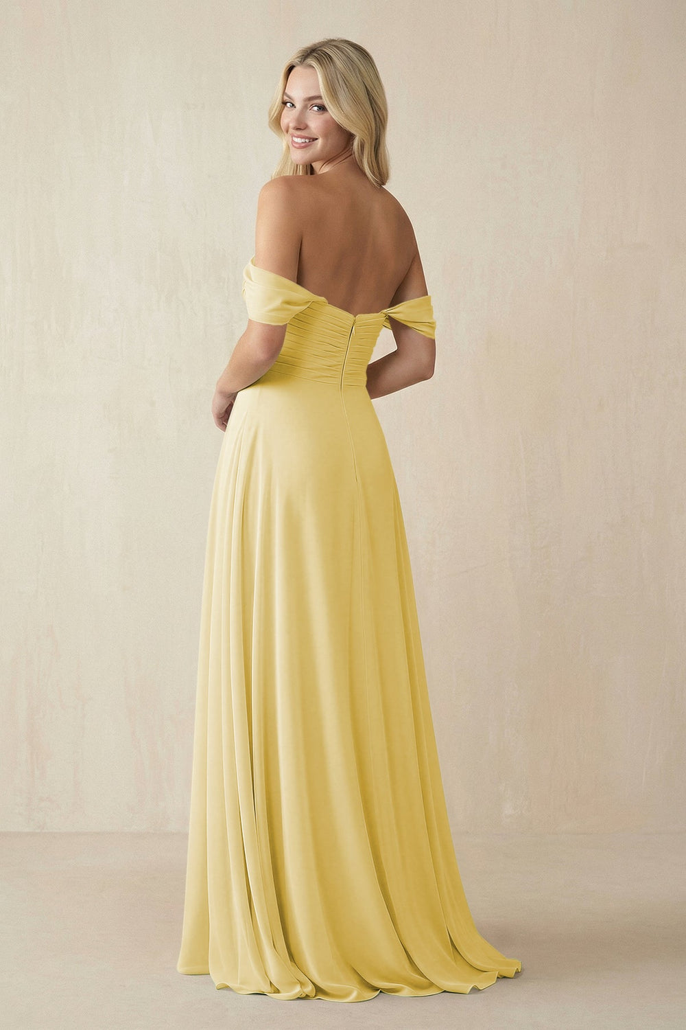 Off - the - Shoulder Chiffon A - Line Long Bridesmaid Dress in Pastel Yellow - SHE IS ME Bridesmaid Dresses