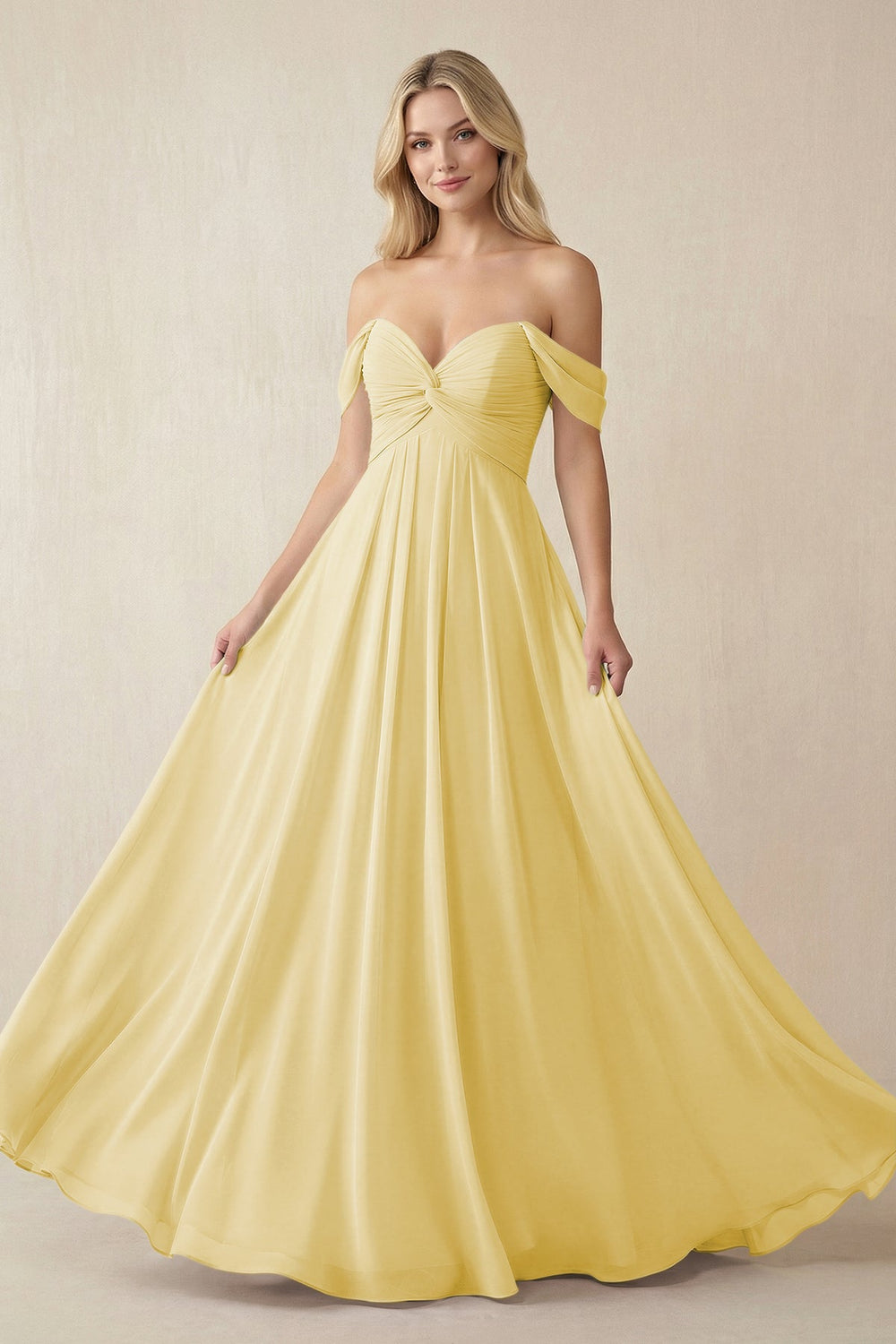 Off - the - Shoulder Chiffon A - Line Long Bridesmaid Dress in Pastel Yellow - SHE IS ME Bridesmaid Dresses