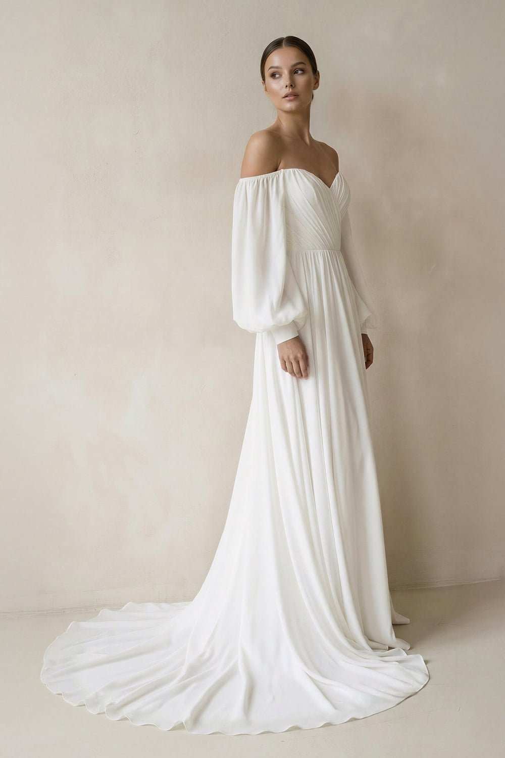 Off the Shoulder Chiffon Long - Sleeve Wedding Dresses in White - SHE IS ME Wedding Dresses