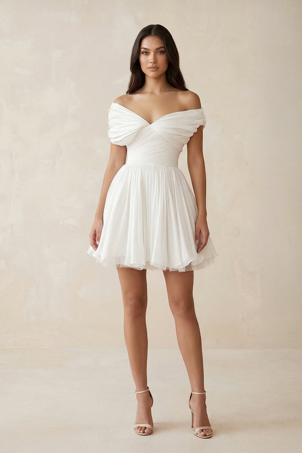 Off - the - Shoulder Chiffon Pleated A - Line Wedding Dress in Ivory - SHE IS ME Wedding Dresses
