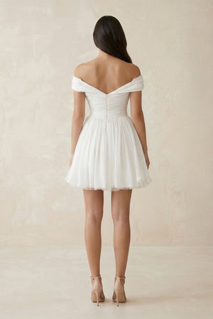 Off - the - Shoulder Chiffon Pleated A - Line Wedding Dress in Ivory - SHE IS ME Wedding Dresses
