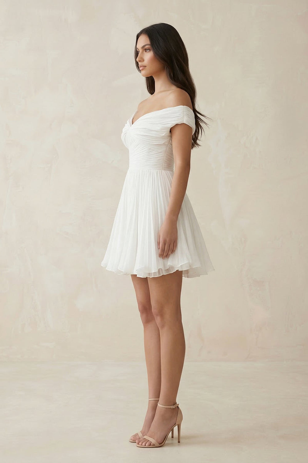 Off - the - Shoulder Chiffon Pleated A - Line Wedding Dress in Ivory - SHE IS ME Wedding Dresses