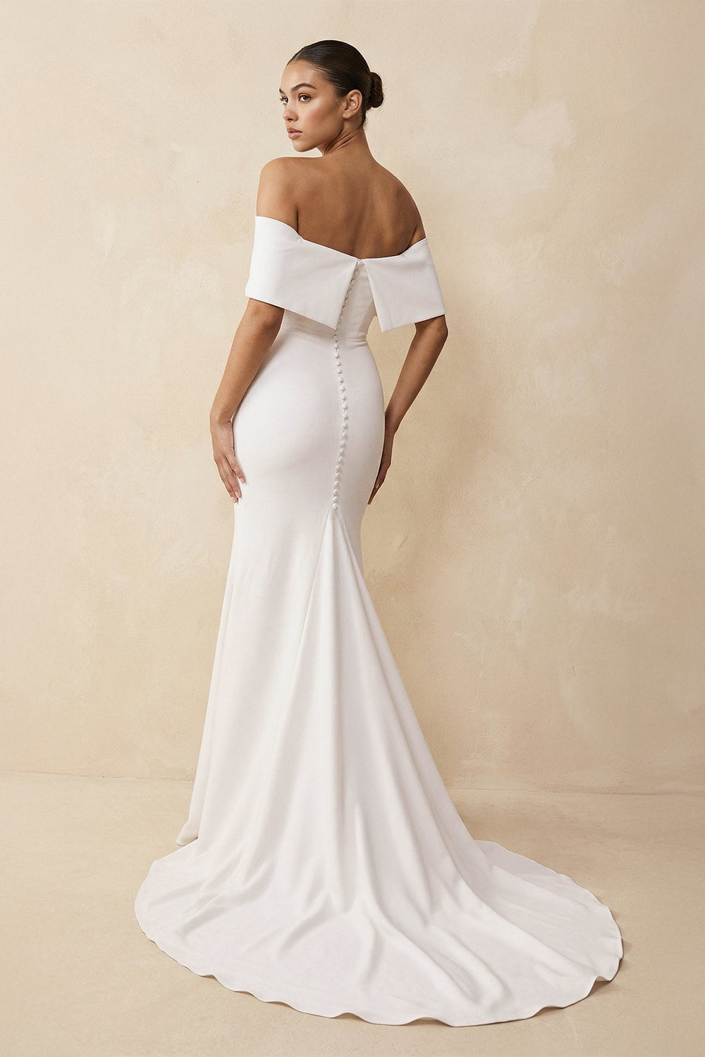 Off - the - Shoulder Crepe Mermaid Wedding Dress in White - SHE IS ME Wedding Dresses