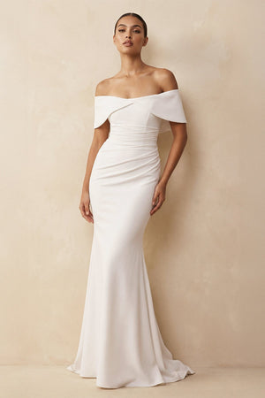 Off - the - Shoulder Crepe Mermaid Wedding Dress in White - SHE IS ME Wedding Dresses