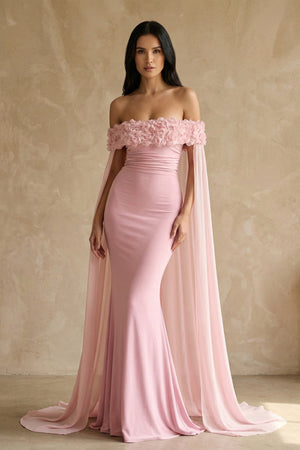 Off The Shoulder Floral Cape Gown in Pink - SHE IS ME PROM DRESSES