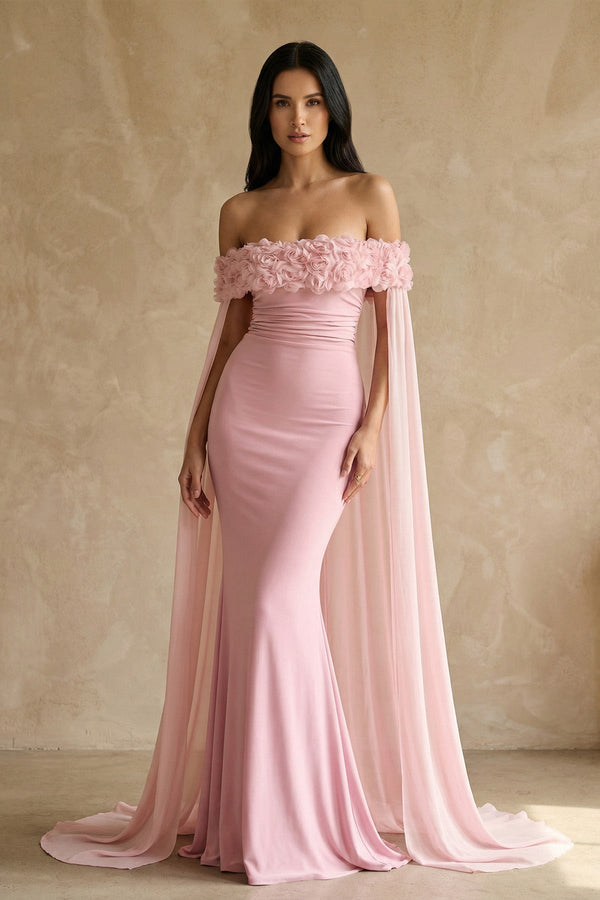 Off The Shoulder Floral Cape Gown in Pink - SHE IS ME PROM DRESSES