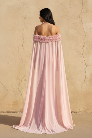 Off The Shoulder Floral Cape Gown in Pink - SHE IS ME