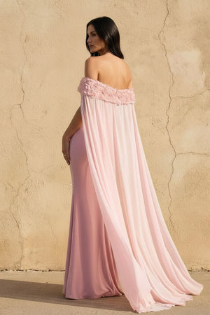 Off The Shoulder Floral Cape Gown in Pink - SHE IS ME PROM DRESSES