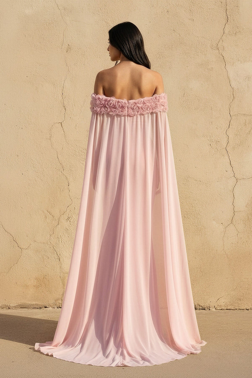Off The Shoulder Floral Cape Gown in Pink - SHE IS ME PROM DRESSES