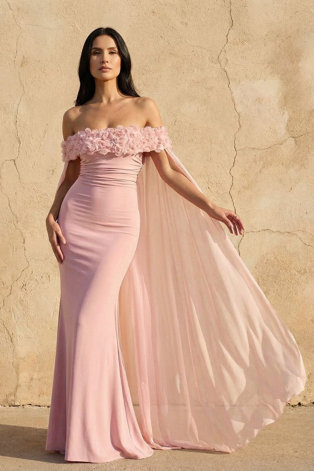 Off The Shoulder Floral Cape Gown in Pink - SHE IS ME PROM DRESSES