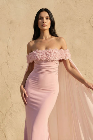 Off The Shoulder Floral Cape Gown in Pink - SHE IS ME PROM DRESSES