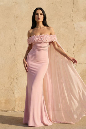 Off The Shoulder Floral Cape Gown in Pink - SHE IS ME PROM DRESSES