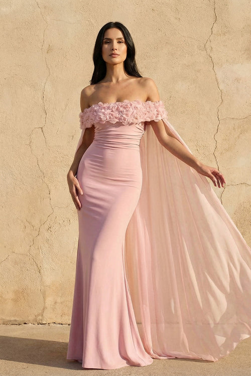 Sheisme - Off The Shoulder Floral Cape Gown in Pink