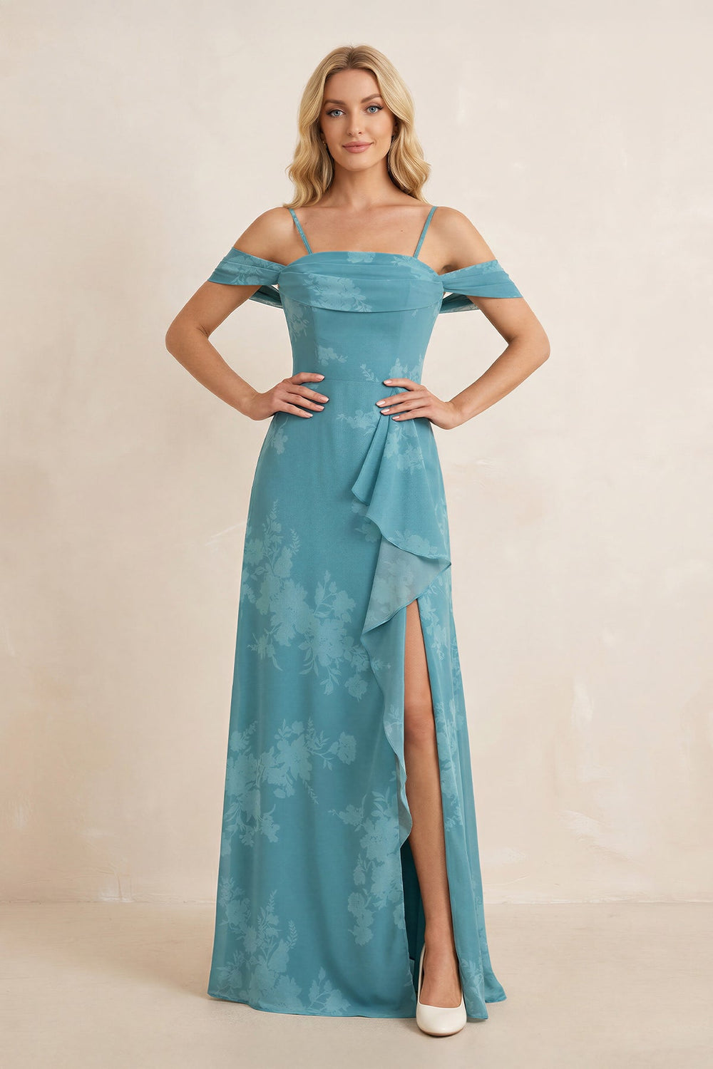 Off - the - Shoulder Floral Chiffon Ruffled Bridesmaid Dress in Adriatic Blue - SHE IS ME Bridesmaid Dresses