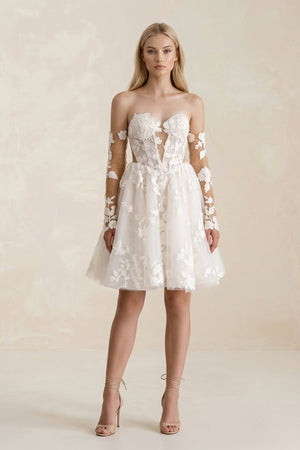 Off - the - Shoulder Flower Appliqued Tulle A - Line Mini Wedding Dress - SHE IS ME Wedding Dresses