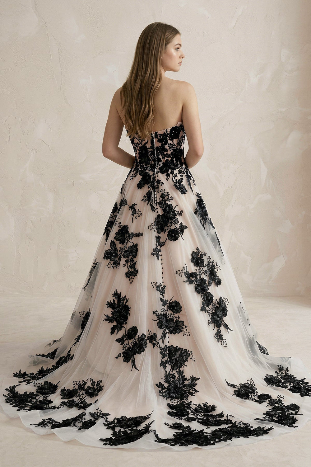 Off - the - Shoulder Flower Appliqued Tulle Wedding Dress in Black and Nude - SHE IS ME Wedding Dresses