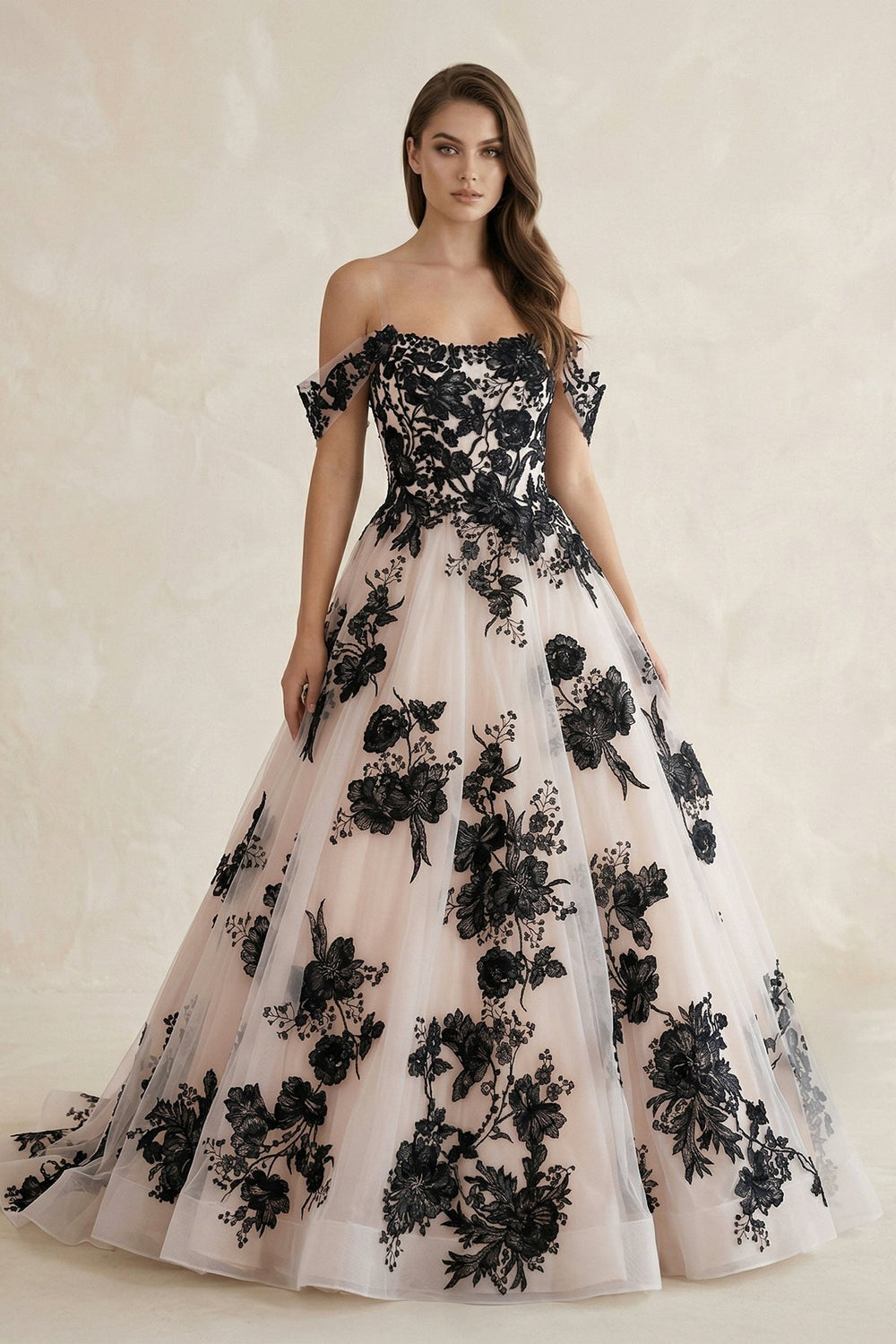 Off - the - Shoulder Flower Appliqued Tulle Wedding Dress in Black and Nude - SHE IS ME Wedding Dresses