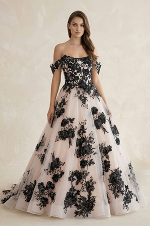 Off - the - Shoulder Flower Appliqued Tulle Wedding Dress in Black and Nude - SHE IS ME Wedding Dresses
