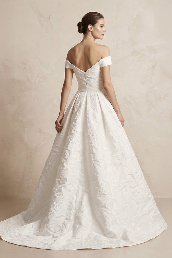 Off - the - Shoulder Jacquard Ball Gown Wedding Dress in White - SHE IS ME Wedding Dresses