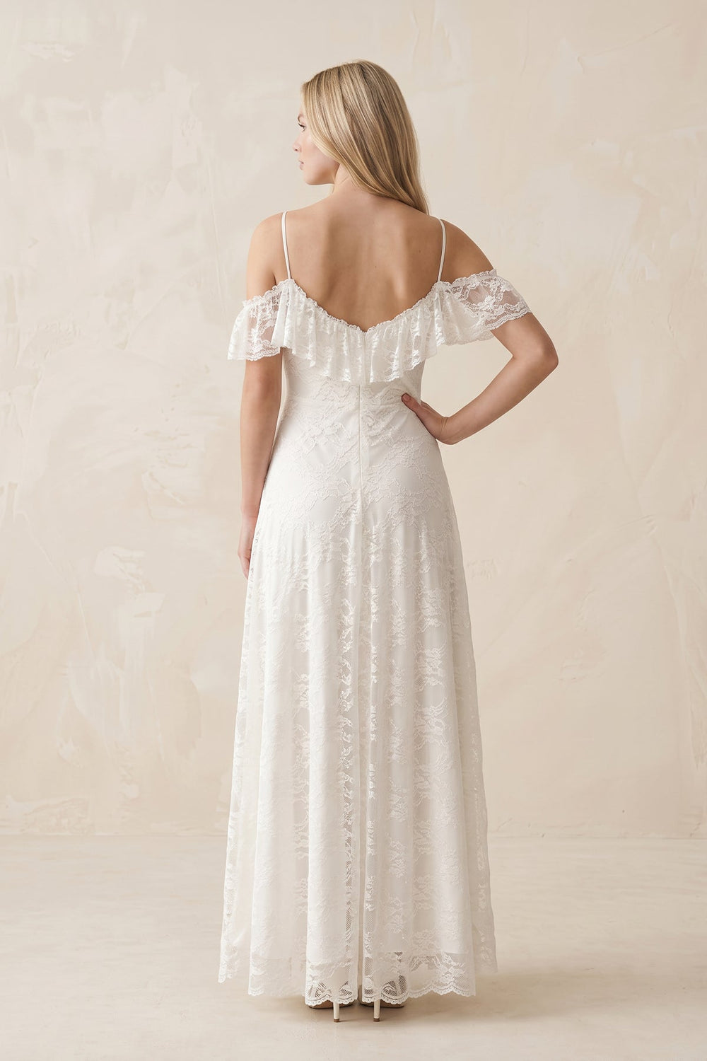 Off - the - Shoulder Lace A - Line Appliqued Wedding Dress in White - SHE IS ME Wedding Dresses