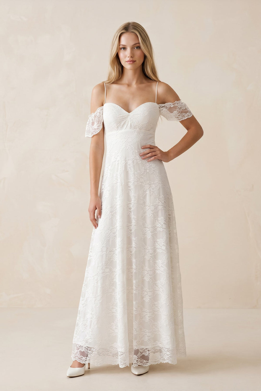 Off - the - Shoulder Lace A - Line Appliqued Wedding Dress in White - SHE IS ME Wedding Dresses