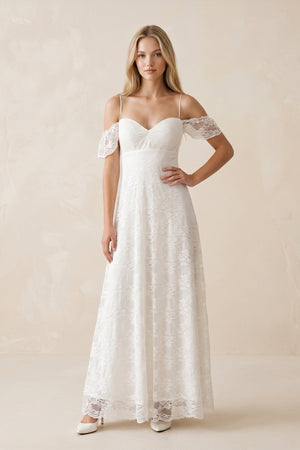 Off - the - Shoulder Lace A - Line Appliqued Wedding Dress in White - SHE IS ME Wedding Dresses