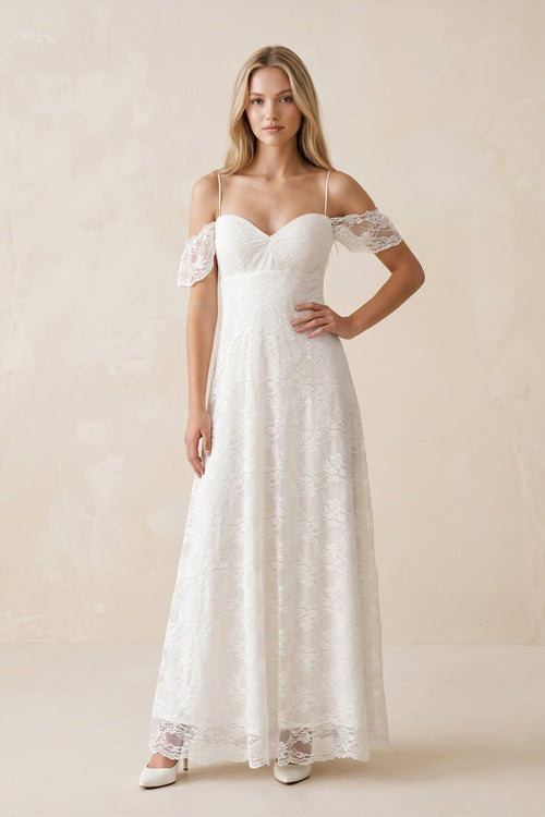 Off - the - Shoulder Lace A - Line Appliqued Wedding Dress in White - SHE IS ME Wedding Dresses
