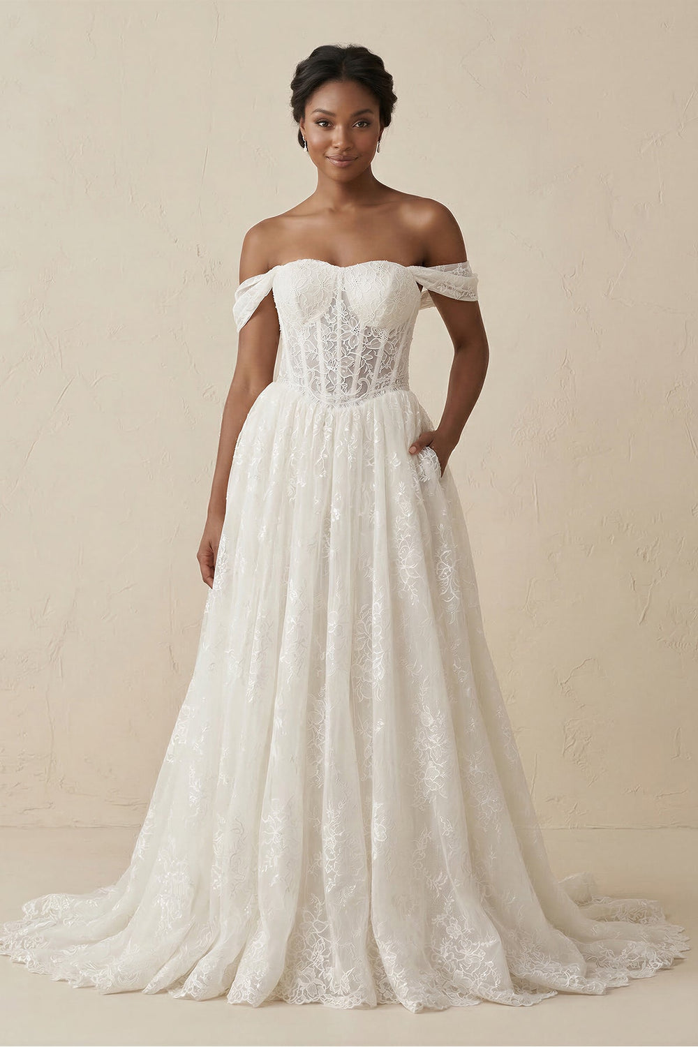 Off - the - Shoulder Lace A - Line Corset Wedding Dress in Ivory - SHE IS ME Wedding Dresses