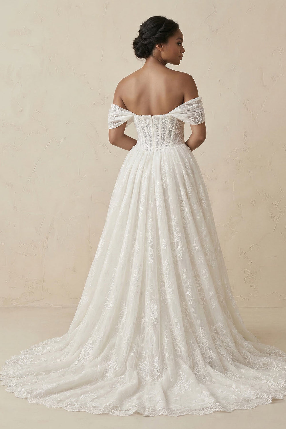 Off - the - Shoulder Lace A - Line Corset Wedding Dress in Ivory - SHE IS ME Wedding Dresses