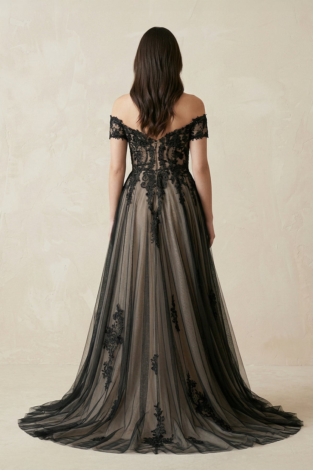 Off - the - Shoulder Lace A - Line Tulle Wedding Dress in Black - SHE IS ME Wedding Dresses