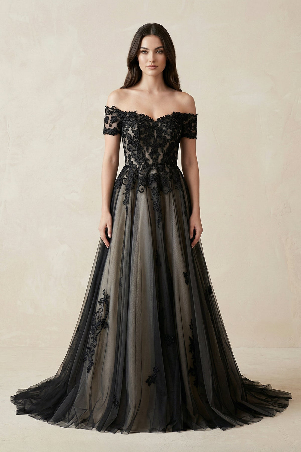 Off - the - Shoulder Lace A - Line Tulle Wedding Dress in Black - SHE IS ME Wedding Dresses