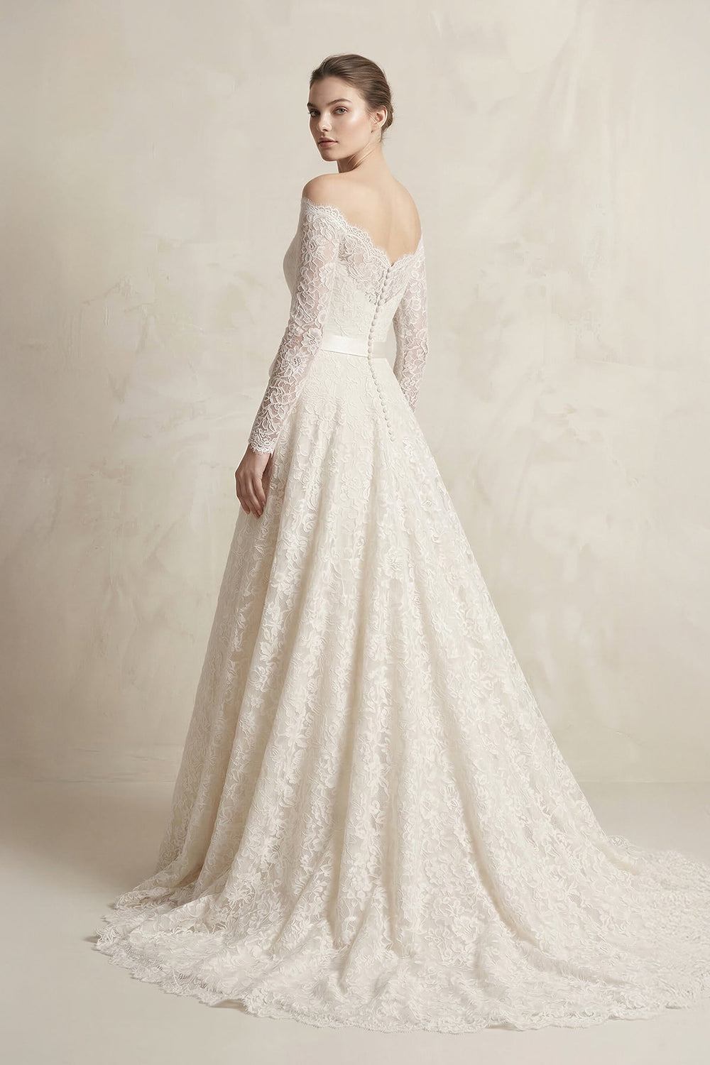 Off - the - Shoulder Lace Long Sleeve Bow Wedding Dress in Ivory - SHE IS ME Wedding Dresses