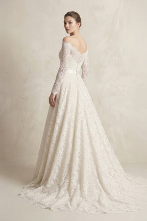 Off - the - Shoulder Lace Long Sleeve Bow Wedding Dress in Ivory - SHE IS ME Wedding Dresses