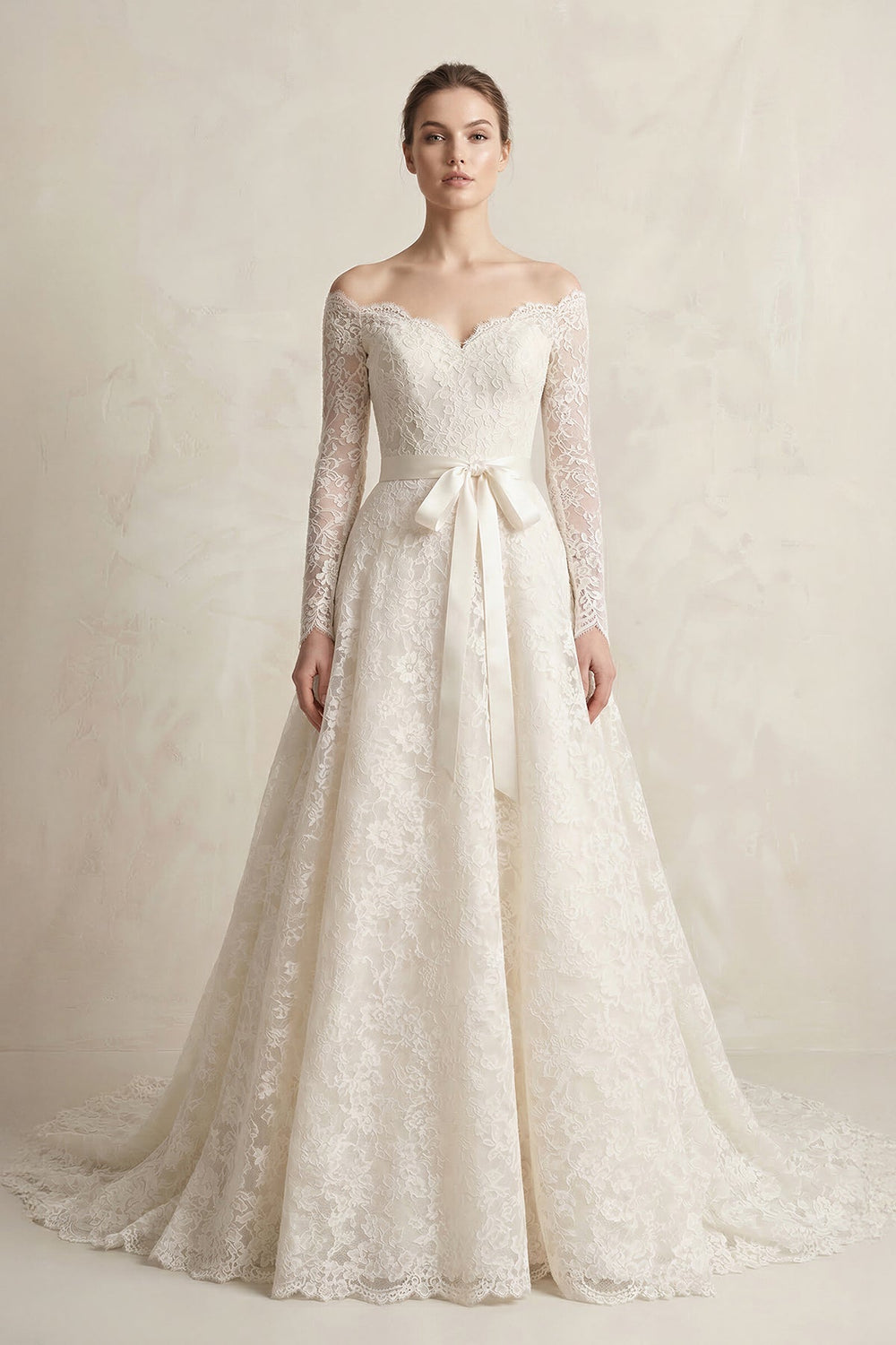 Off - the - Shoulder Lace Long Sleeve Bow Wedding Dress in Ivory - SHE IS ME Wedding Dresses