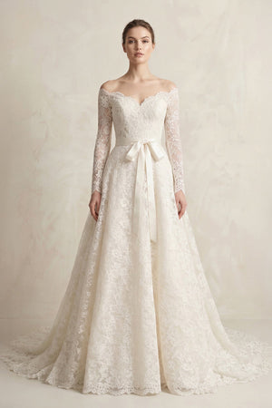 Off - the - Shoulder Lace Long Sleeve Bow Wedding Dress in Ivory - SHE IS ME Wedding Dresses
