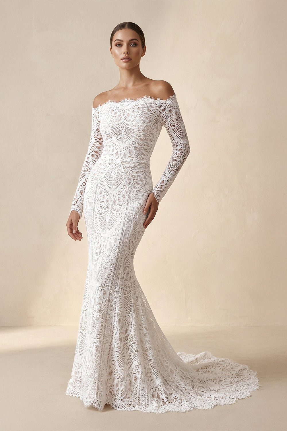 Off - the - Shoulder Lace Mermaid Wedding Dress in Ivory - SHE IS ME Wedding Dresses