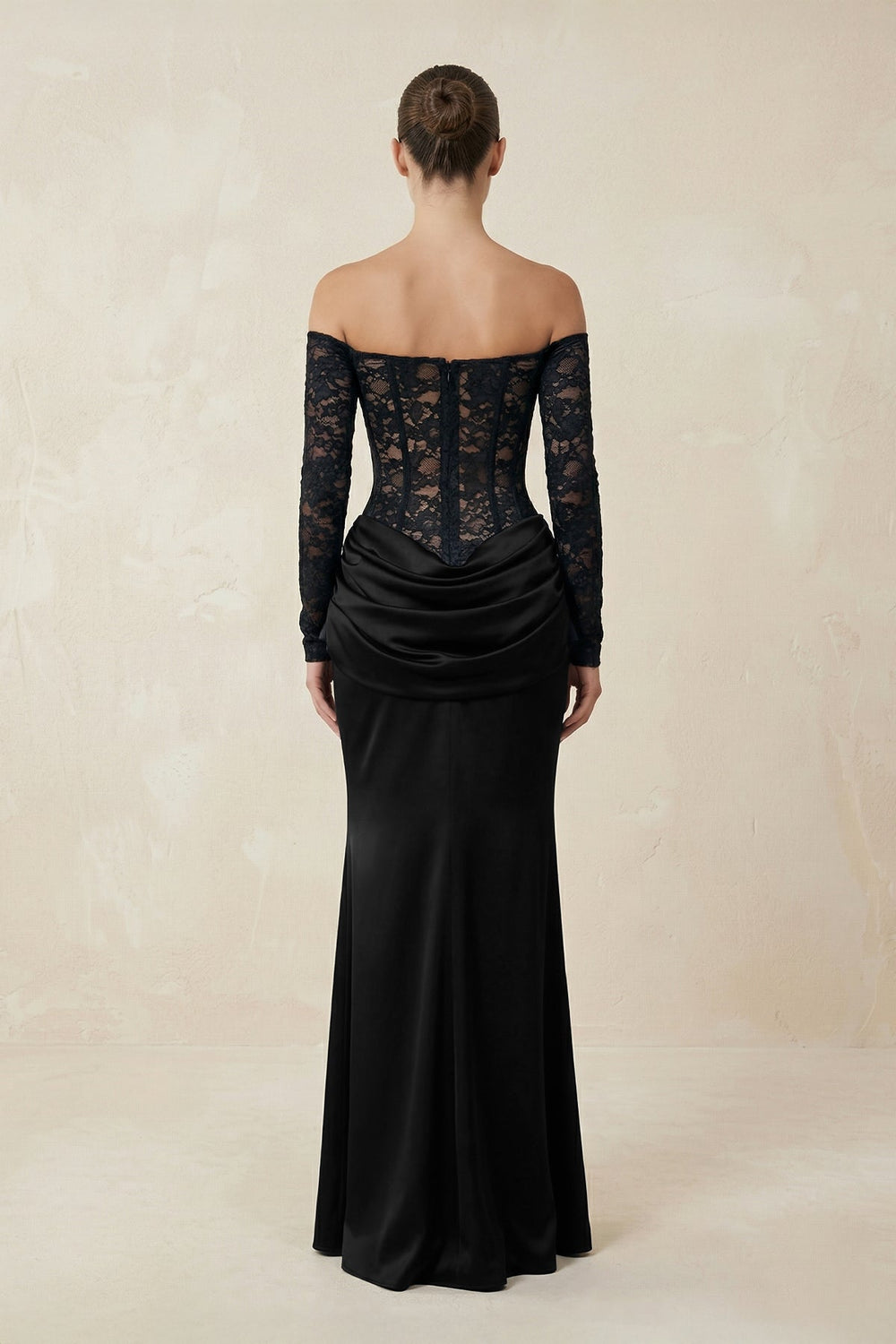 Off - the - Shoulder Lace Ruched Sheath Wedding Dress With Sleeves in Black - SHE IS ME Wedding Dresses