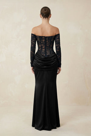 Off - the - Shoulder Lace Ruched Sheath Wedding Dress With Sleeves in Black - SHE IS ME Wedding Dresses