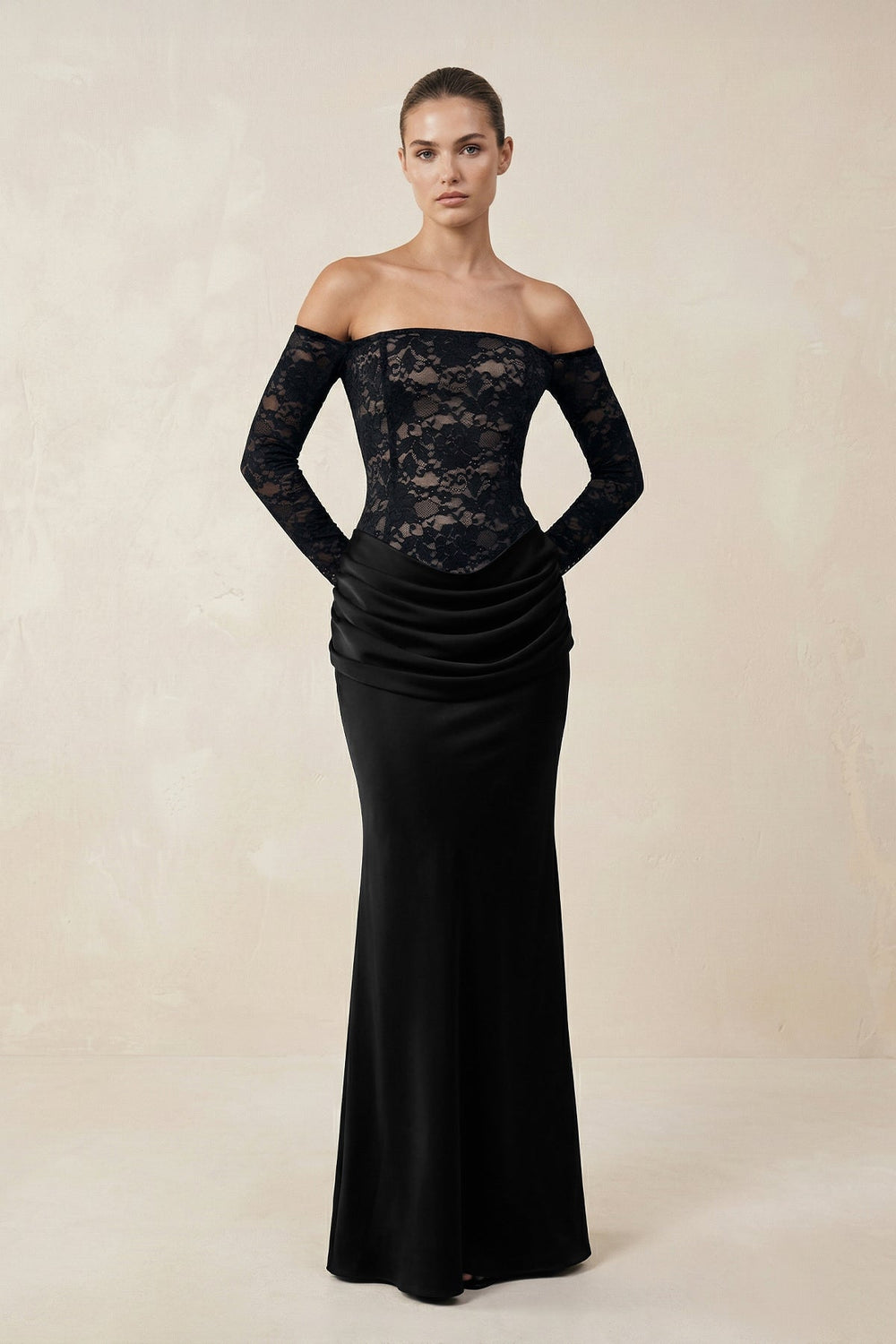 Off - the - Shoulder Lace Ruched Sheath Wedding Dress With Sleeves in Black - SHE IS ME Wedding Dresses