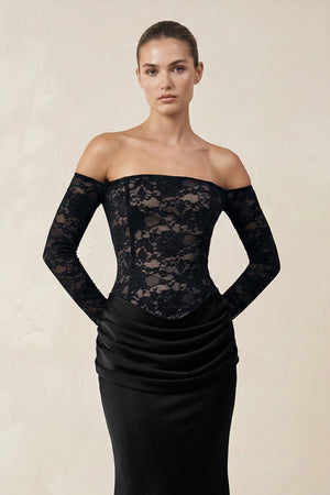 Off - the - Shoulder Lace Ruched Sheath Wedding Dress With Sleeves in Black - SHE IS ME Wedding Dresses