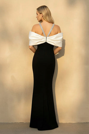 Off The Shoulder Mermaid Gown With Beading in Black and White - SHE IS ME Prom Dresses