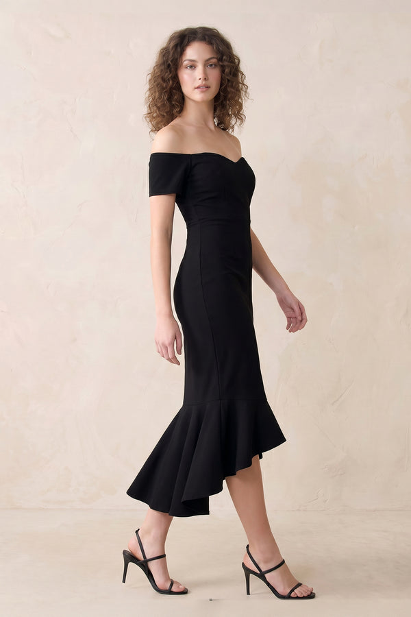 Off-the-Shoulder Mermaid Midi Dress in Black – SHE IS ME Dresses