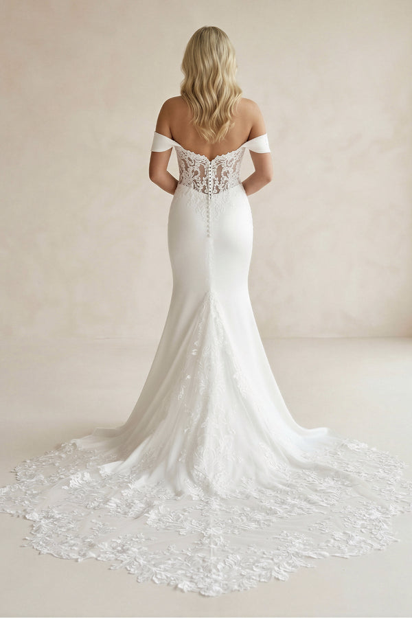 Off - the - Shoulder Mermaid Satin Lace Wedding Dress in White - SHE IS ME Wedding Dresses