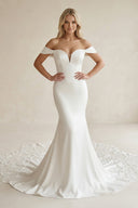 Off - the - Shoulder Mermaid Satin Lace Wedding Dress in White - SHE IS ME Wedding Dresses