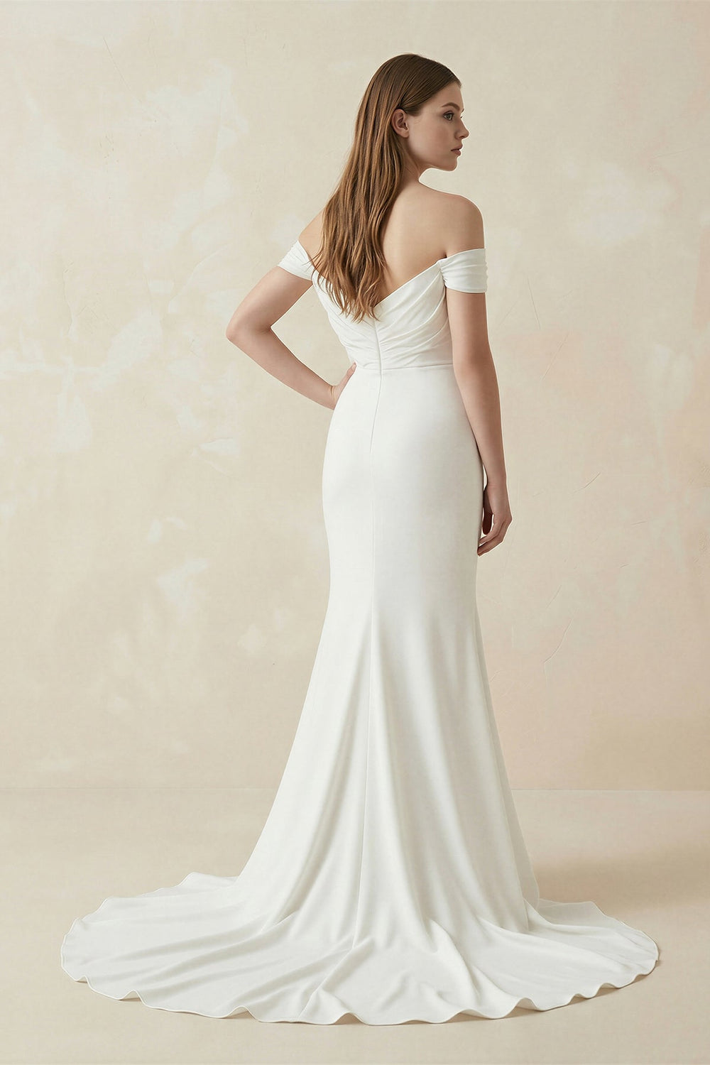 Off - the - Shoulder Mermaid Satin Pleated Wedding Dress in White - SHE IS ME Wedding Dresses