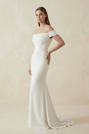 Off - the - Shoulder Mermaid Satin Pleated Wedding Dress in White - SHE IS ME Wedding Dresses